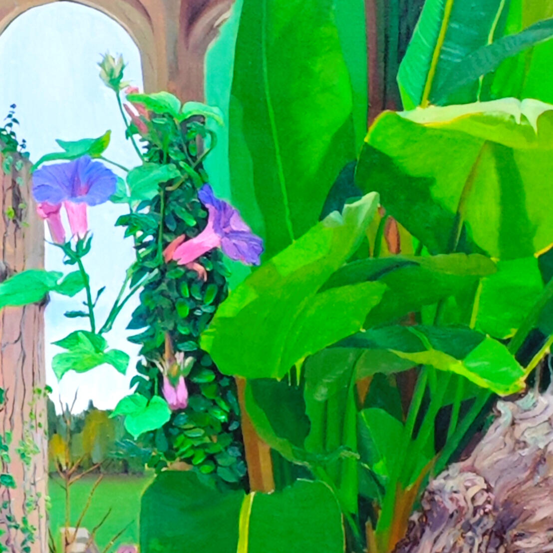 Large oil painting titled Manifestation by artist James, 180 × 90 cm. Depicts lush tropical growth emerging through the Gothic ruins of Torre Abbey, with banana leaves, trumpet flowers, and a pool of water beneath carved stone arches.