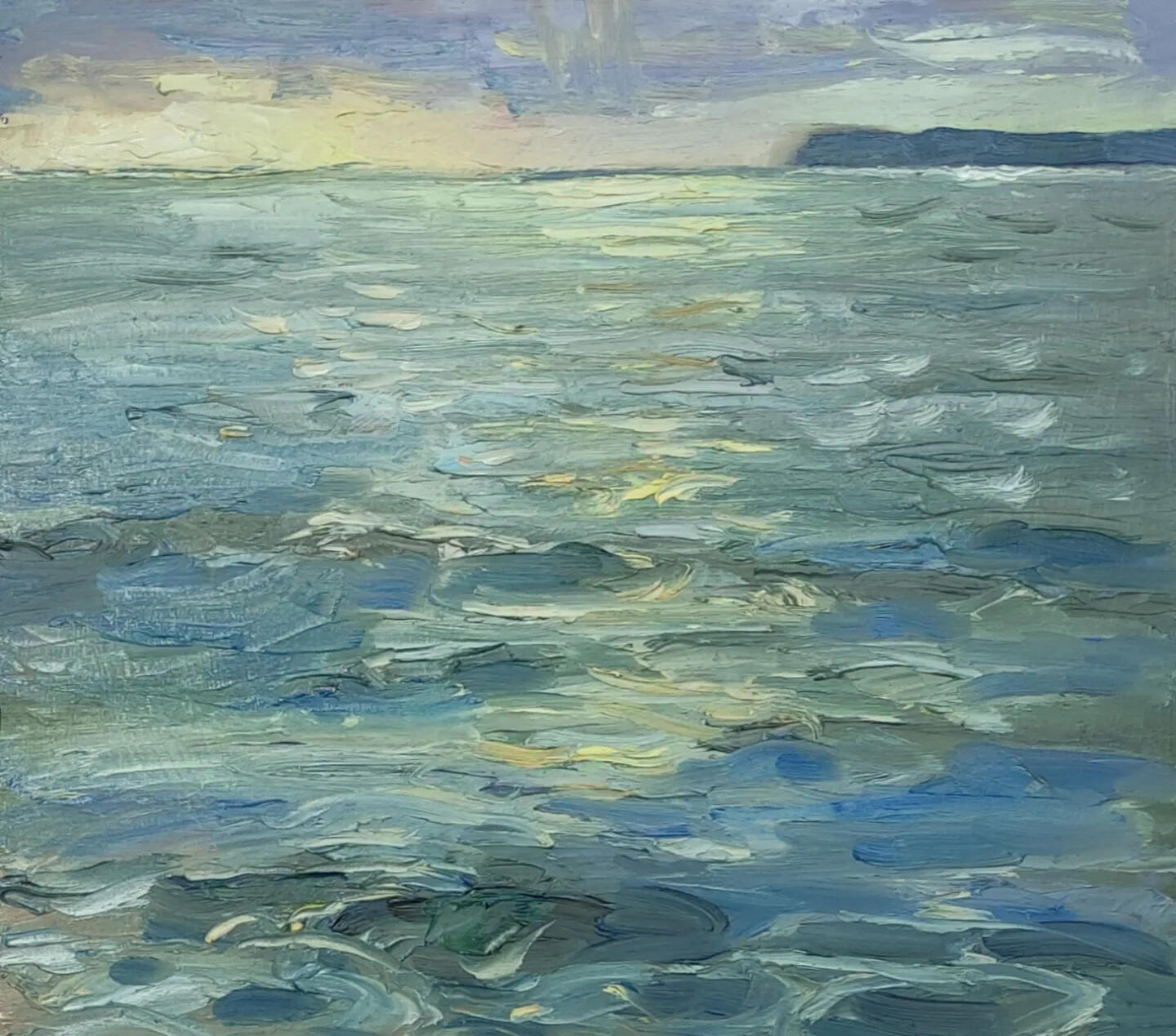 Oil painting of rough sea at Torre Abbey Sands with Berry Head in the distance.