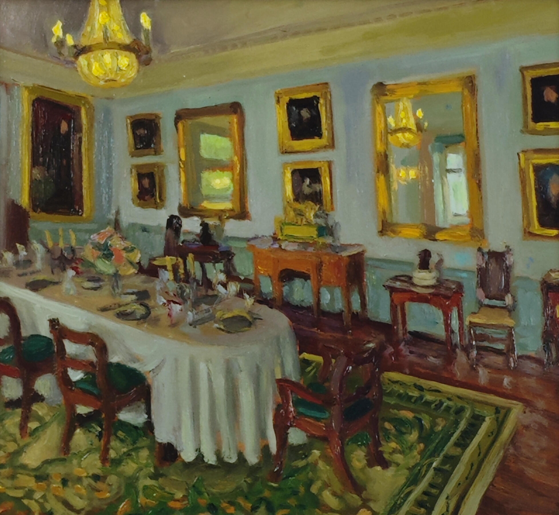 Oil painting of the dining hall at Torre Abbey, showing antique furniture, large mirrors, and portraits from the historic Cary family collection.