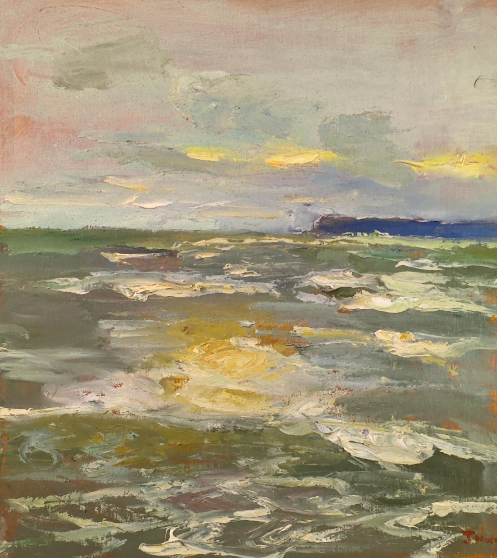 Oil painting of rough sea at Torre Abbey Sands with Berry Head in the distance.