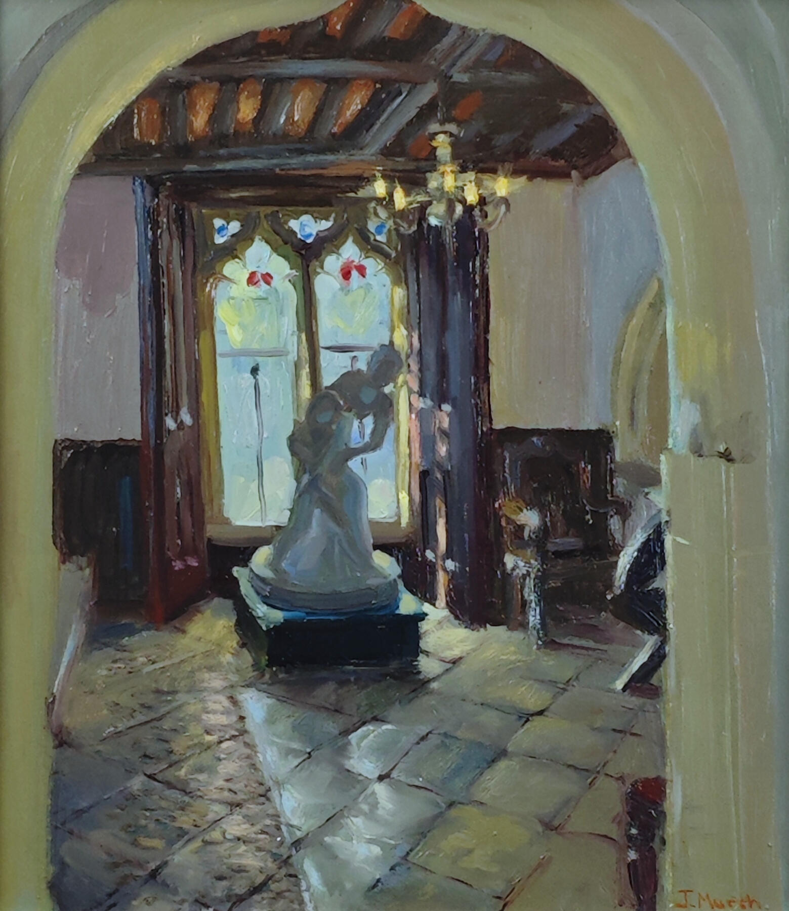 Oil painting of the Old Lobby at Torre Abbey with a mother and child sculpture silhouetted against a tall restored monastic window, light falling across the stone floor.